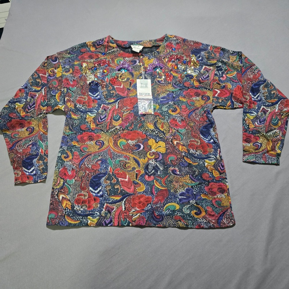 Deadstock Vintage Embellished Top Womens Large Paisley Beaded Sequin Cotton